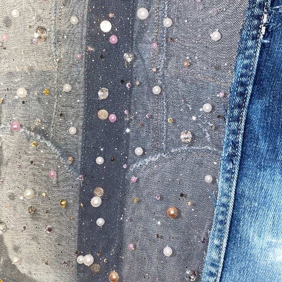 Custom Bleached & Distressed Denim Jacket w/ Sheer Embellished Back & Sides - Picture 8 of 9